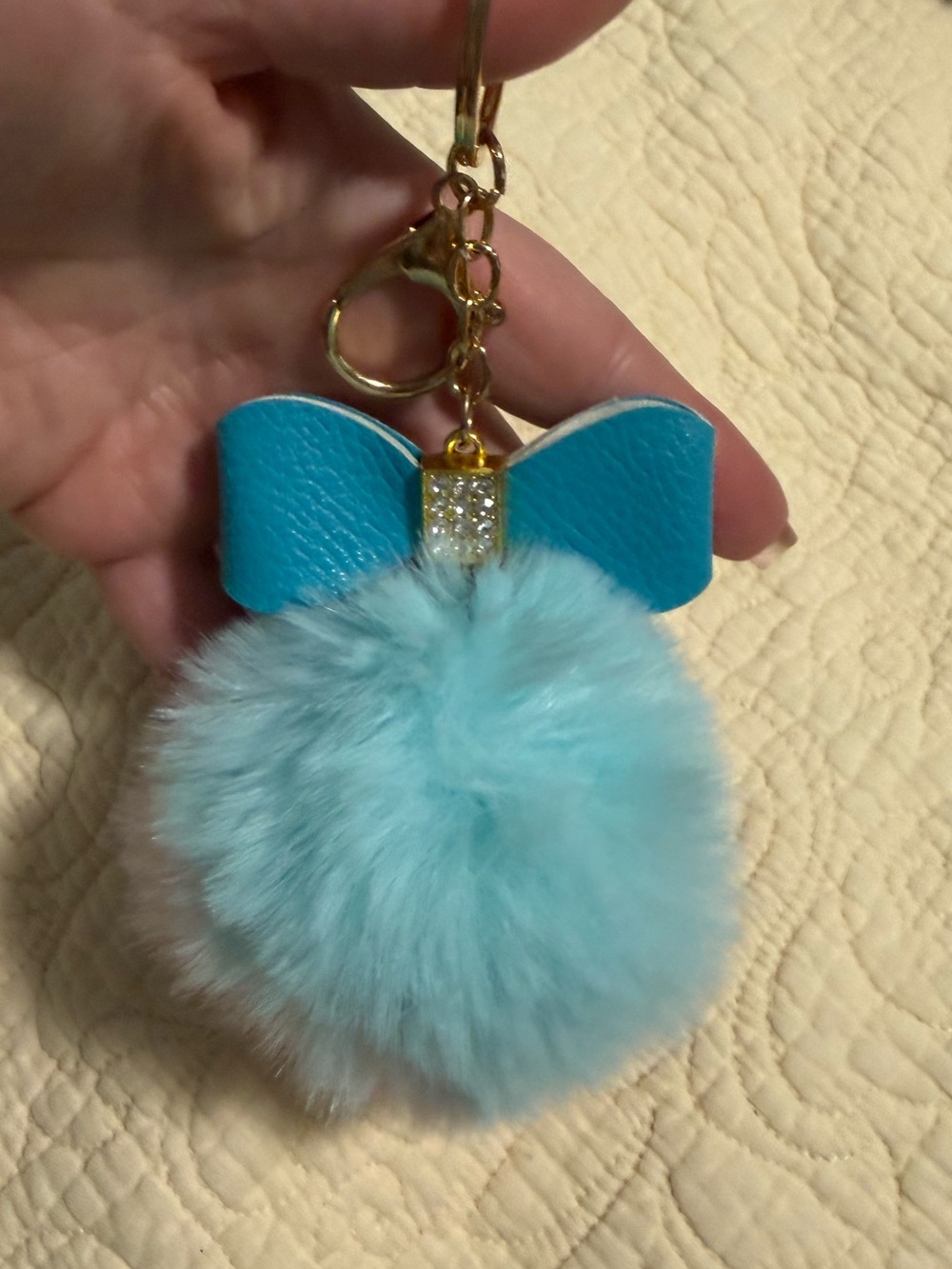 Blue Pom Pom Bow Keychain Charm with Gold tone hardware!